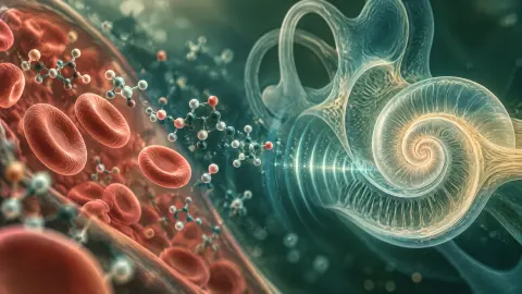 Abstract illustration of a human inner ear cochlea beside floating molecular shapes