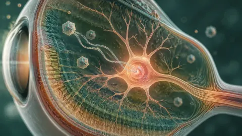 Illustration of a viral gene therapy particle delivering three gene strands to a nerve cell in the retina