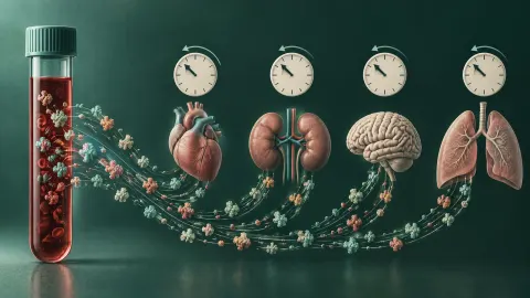 Illustration of a blood sample feeding into separate gauges for heart, kidney, brain and lung biological age