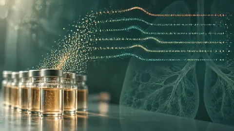 Stylized blood serum vials beside a field of glowing protein dots arranged along six parallel timelines