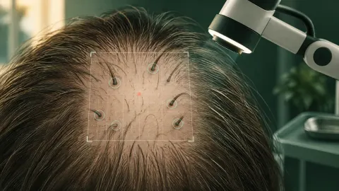 Illustration of a clinical scalp-imaging setup counting hairs in a small marked target area